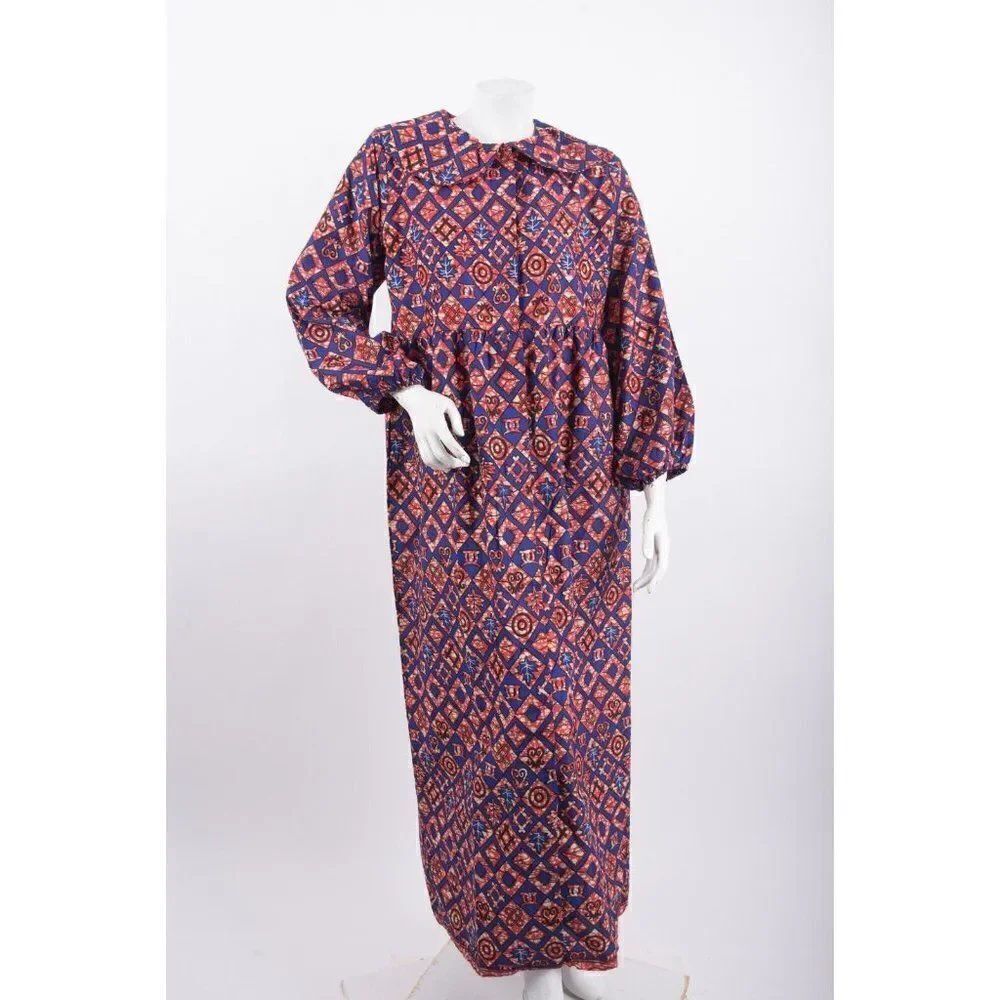 Elisa Mama Womens Shirt Maxi Dress M Blue Red Leaf Print Button Front NWT
